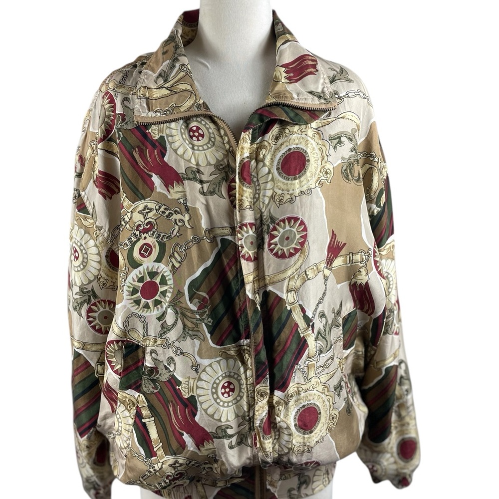 Fuda Vintage Elegant Women's Silk Patterned Bomber Jacket, Size M